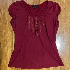Express Burgundy Button Down Blouse with Lace Accents